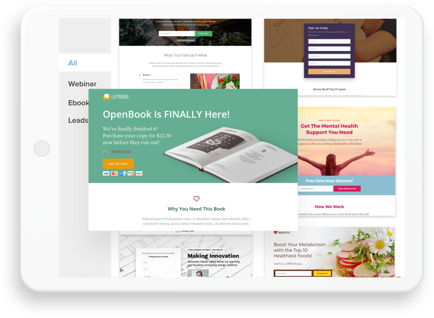 landing page with landing page building blocks off to the left