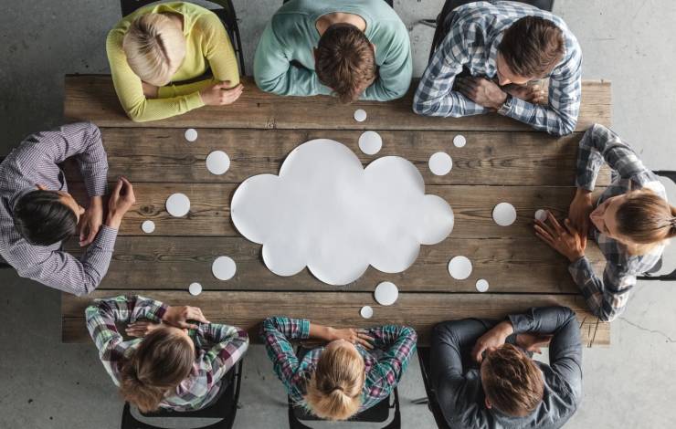 people brainstorming around table