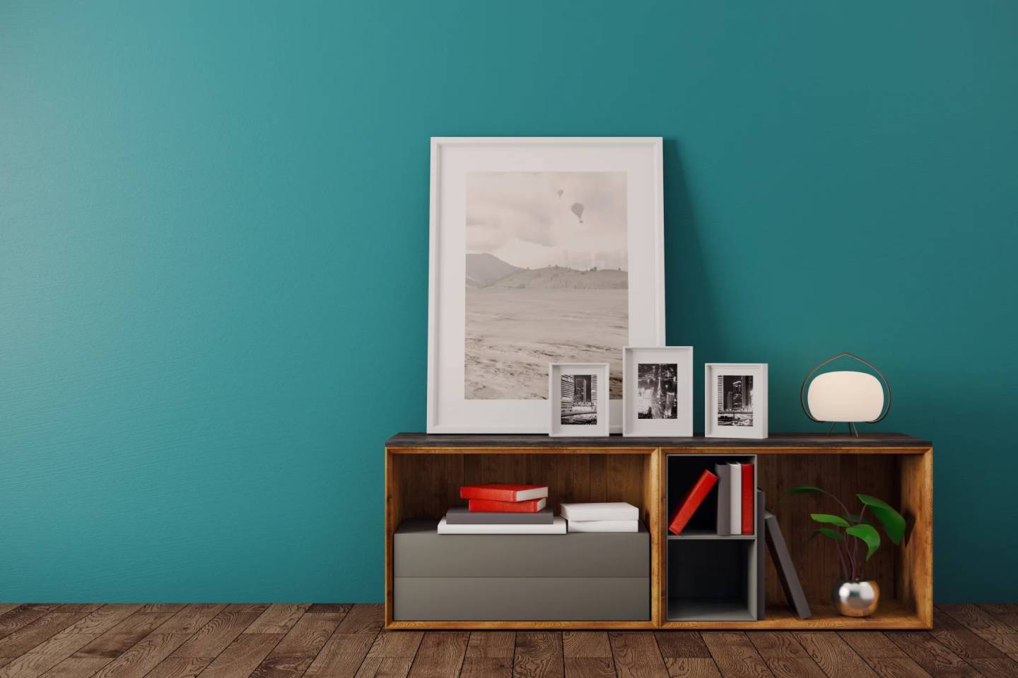 Frames on blue wall