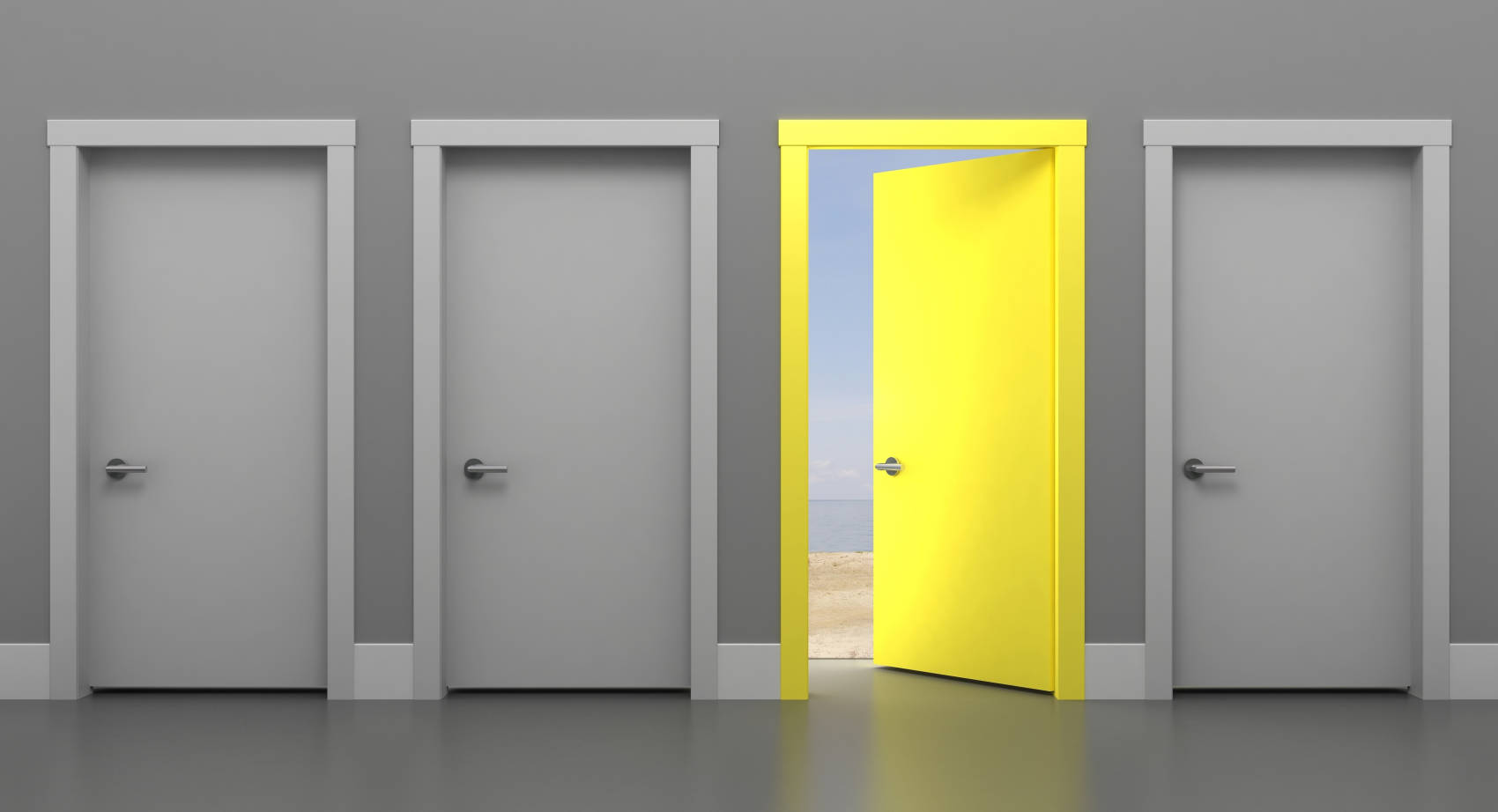 Yellow door open between gray doors