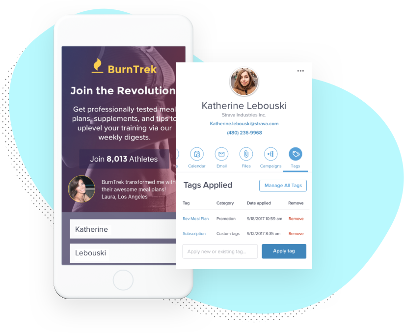 landing page on mobile phone with separate image of contact record