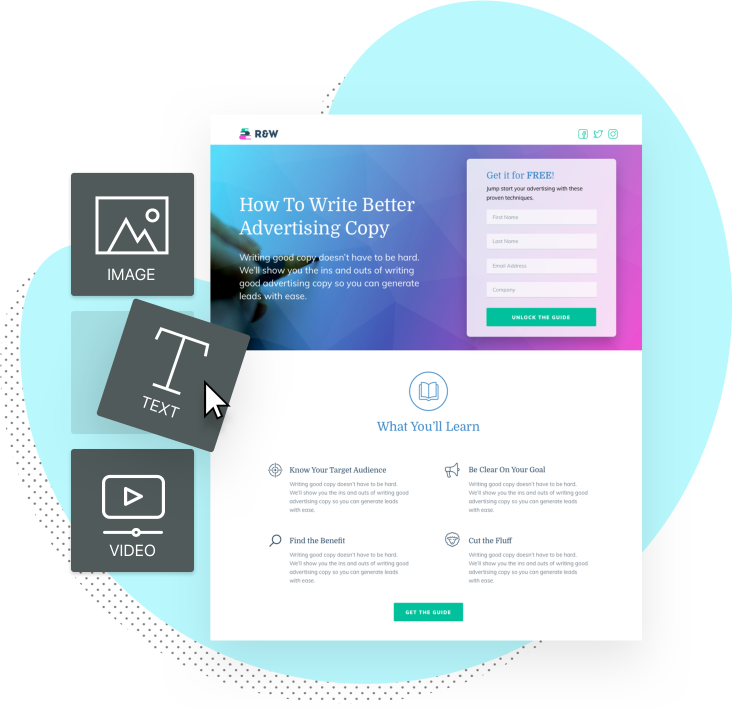 landing page with landing page building blocks off to the left
