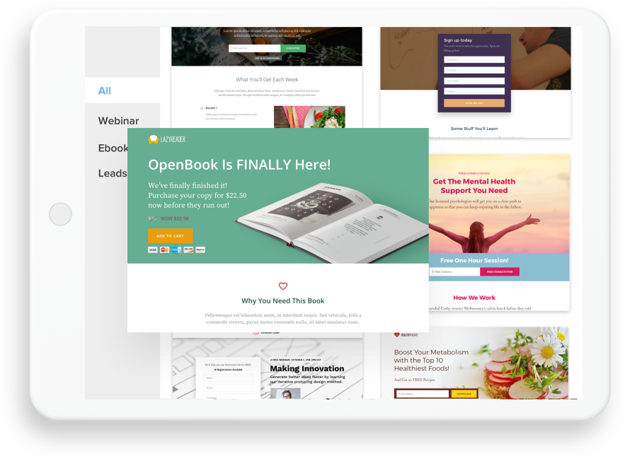 landing page with landing page building blocks off to the left