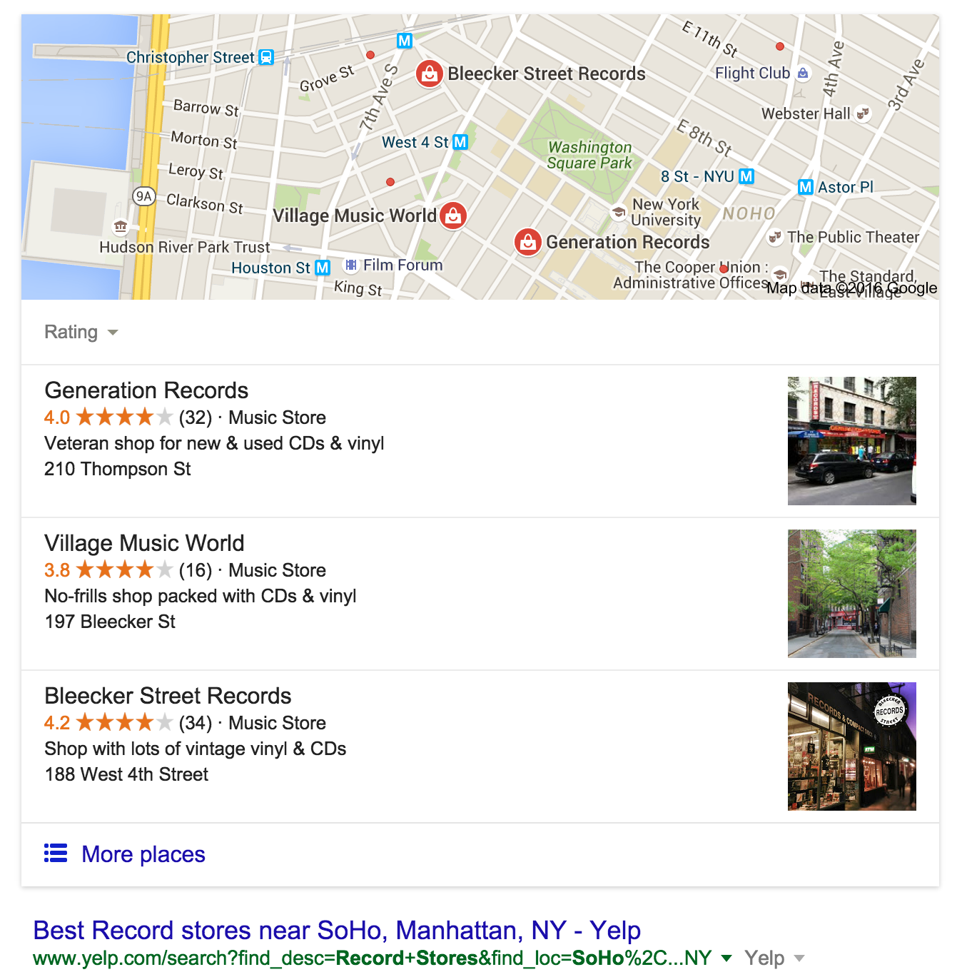 Screen Shot of Google search for "record stores in SoHo"